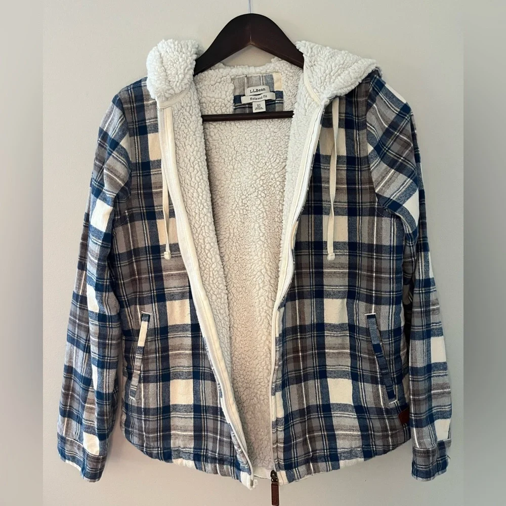 L.L. Bean Scotch Plaid Flannel Sherpa Lined Zip Up Hoodie - Picture 3 of 9